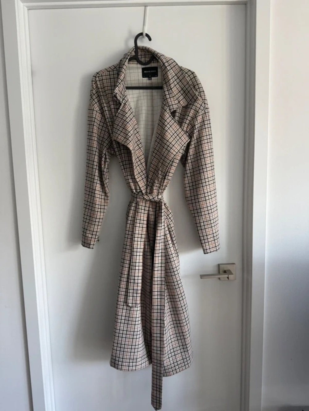 Brave Soul Beige Plaid Tie-Waist Trench Coat